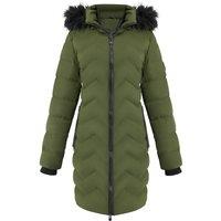MODISHION Women's Detachable Hooded Mid-length Chevron Quilted Coat with Faux Fur Trim in Green | Size: XL