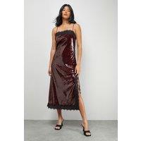 Warehouse Women's Sequin Lace Trim Square Neck Midi Slip Dress in Dark Red | Size: 14