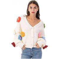 CY Women's Chunky Hand-Knit Floral Pattern Cardigan Cozy Oversized Fit in White