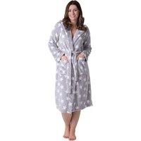 Camille Women's Supersoft Fleece Hooded Calf Length Bathrobe in Light Grey | Size: 18-20