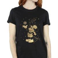Disney Women's Winter Wishes Mickey Mouse Cotton Boyfriend T-Shirt in Black | Size: 3XL