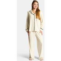 OHS Women's Piped Edge Button Through Winter Pyjama Set Loungewear in Cream | Size: S/M