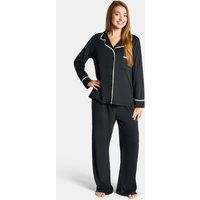 OHS Women's Piped Edge Button Through Winter Pyjama Set Loungewear in Black | Size: Large/XL