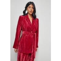 Warehouse Women's Crushed Velvet Tie Waist Blazer Co-ord in Hot Pink | Size: 8