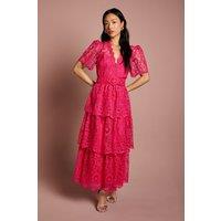 Coast Women's Short Sleeve V Neck Tiered Lace Midi Dress in Raspberry | Size: 8
