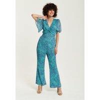 Liquorish Women's Blue Animal Print Knot Front Jumpsuit | Size: 18