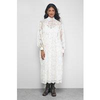 Warehouse Women's Lace High Neck Smock Midi Dress in Cream | Size: 8