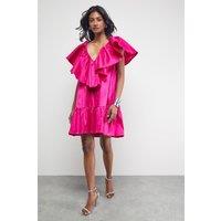 Warehouse Women's Taffeta Frill V Neck Smock Mini Dress in Magenta Pink | Size: 10