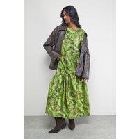 Warehouse Women's Textured Organza Asymmetric Seam Volume Sleeve Midi Dress in Floral | Size: 10