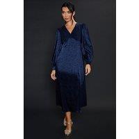 Dorothy Perkins Women's Satin Animal Jacquard Empire Long Sleeve Midi Dress in Navy | Size: 10
