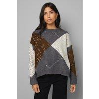 Wallis Women's Grey Oversized Argyle Jumper | Size: Medium