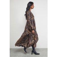 Warehouse Women's Textured Organza Wrap Tier Smock Midi Dress in Animal | Size: 12