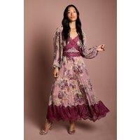 Coast Women's Long Sleeve Pleated Lace Trim Midaxi Dress in Pink | Size: 10