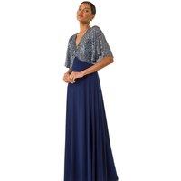 Roman Women's Sequin Flutter Sleeve Midi Dress in Navy | Size: 10