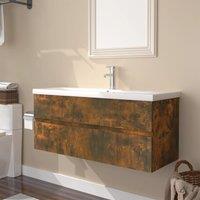 Berkfield Home Sink Cabinet with Built-in Basin Smoked Oak Engineered Wood in Brown