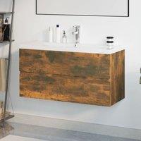 Berkfield Home Sink Cabinet with Built-in Basin Smoked Oak Engineered Wood in Brown