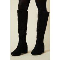 Dorothy Perkins Women's Wide Fit Keeley Round Toe Medium Block Heel Knee High Boots in Natural Black | Size: 3