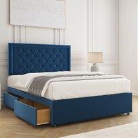BSSPOKE Nova Plush Velvet Divan Bed Set 24 Headboard & 4 Drawers & Mattress in Blue | Size: King