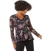 Roman Women's Printed Mesh V-Neck Top in Black | Size: 20