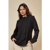 HOXTON GAL Women's Relaxed Fit High Neck Blouse with Brooch Detail in Black | Size: 12-14