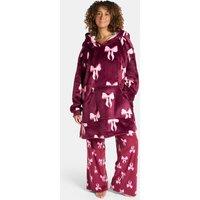 OHS Women's Bows Sherpa Fleece Loungewear Thermal Winter Hoodie Blanket in Burgundy