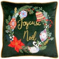 Furn Deck The Halls Embroidered Printed Piped Velvet Cushion in Dark Green | Size: 43 cm x 43 cm