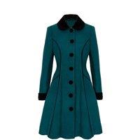 Hell Bunny Women's Harper Fitted Retro Style Black Velvet Piping Green Coat | Size: Medium