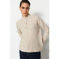 HOXTON GAL Women's Oversized Ribbed Knit Sweater with High Neck & Button Placket in Stone | Size: Large