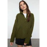 HOXTON GAL Women's Oversized Ribbed Knit Sweater with High Neck & Button Placket in Khaki | Size: Large