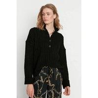 HOXTON GAL Women's Oversized Ribbed Knit Sweater with High Neck & Button Placket in Black | Size: Large