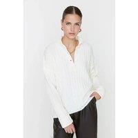 HOXTON GAL Women's Oversized Ribbed Knit Sweater with High Neck & Button Placket in White | Size: Medium
