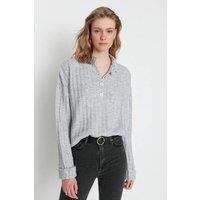 HOXTON GAL Women's Oversized Ribbed Knit Sweater with High Neck & Button Placket in Grey | Size: Large