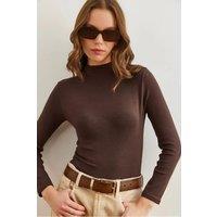 HOXTON GAL Women's Slim Fit High-Neck Draped Soft Touch Blouse in Brown | Size: Small