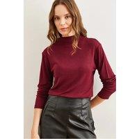 HOXTON GAL Women's Slim Fit High-Neck Draped Soft Touch Blouse in Burgundy | Size: Small