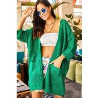 Relaxed Knit Cardigan with Folded Sleeves and Pockets
