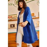 Relaxed Knit Cardigan with Folded Sleeves and Pockets