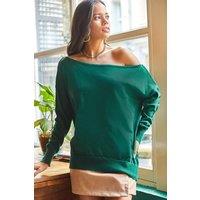 HOXTON GAL Women's Regular Fit Boat Neck Loose Knit Sweater in Green