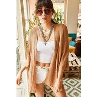 HOXTON GAL Women's Regular Fit Batwing Sleeve Open Front Knit Cardigan in Light Brown | Size: Medium