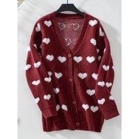 Heart V-Neck Button Up Long Sleeve Cardigan- Burgundy