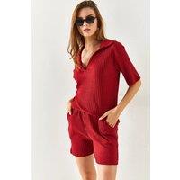 HOXTON GAL Women's Regular Fit Ribbed 2-Piece Set with Polo Top & Pocket Shorts in Burgundy | Size: Medium