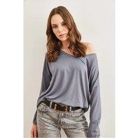 HOXTON GAL Women's Regular Fit Casual V-Neck Blouse with Stitch Detail in Dark Grey | Size: Medium
