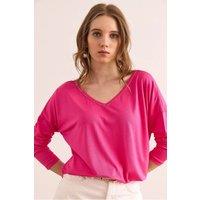 HOXTON GAL Women's Regular Fit Casual V-Neck Blouse with Stitch Detail in Fuchsia | Size: Large