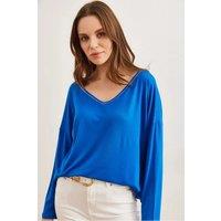 HOXTON GAL Women's Regular Fit Casual V-Neck Blouse with Stitch Detail in Royal | Size: Large