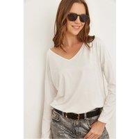HOXTON GAL Women's Regular Fit Casual V-Neck Blouse with Stitch Detail in White | Size: Large