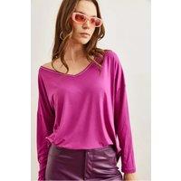 HOXTON GAL Women's Regular Fit Casual V-Neck Blouse with Stitch Detail in Purple | Size: XL