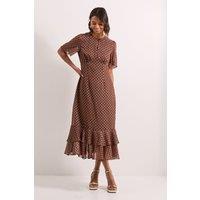 Dorothy Perkins Women's DP Luxe Metallic Spot Chiffon Ruffle Hem Midi Dress in Chocolate | Size: 10