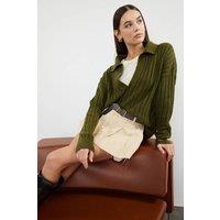 HOXTON GAL Women's Oversized Ribbed Knit Sweater with Polo Collar & Deep V-Neck in Khaki | Size: Large