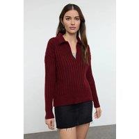 HOXTON GAL Women's Oversized Ribbed Knit Sweater with Polo Collar & Deep V-Neck in Burgundy | Size: Medium
