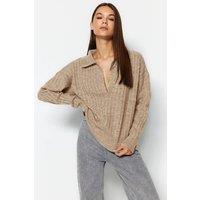 HOXTON GAL Women's Oversized Ribbed Knit Sweater with Polo Collar & Deep V-Neck in Light Brown | Size: Medium