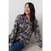 Lily & Me Women's Wayfaring Printed Woven Viscose Frill Neck Blouse in Navy | Size: 18